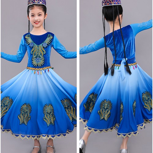 Children blue colored Chinese Xinjiang Dance Costume Girls Uyghur Dance dress for girls 